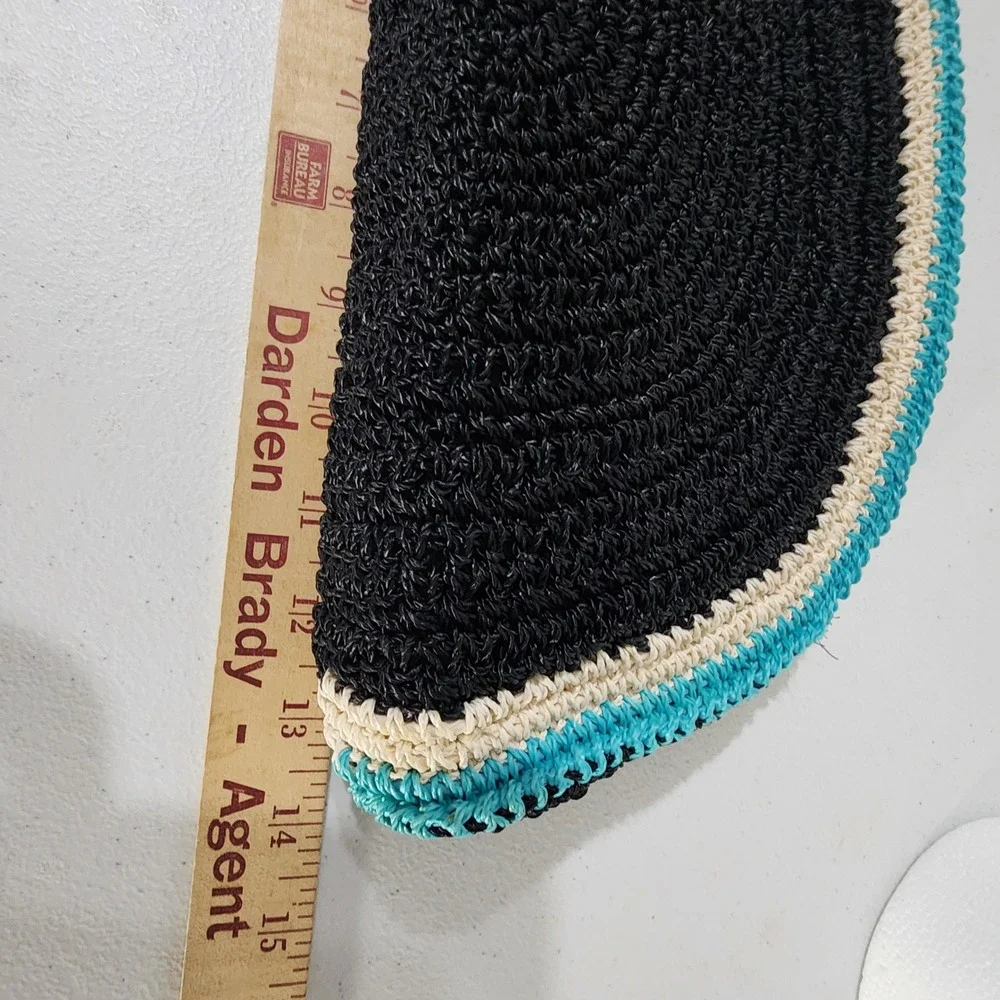 Vintage Woven Straw Raffia Half Moon Clutch Bag Made in Japan Black Blue Cream